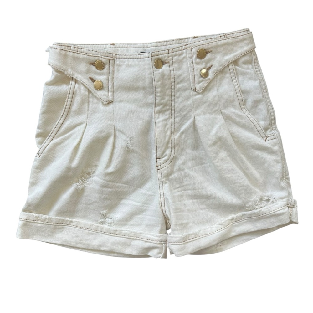 Retrofete Cream Cotton Buckle Back Distressed High Rise Shorts Trixie Size 25